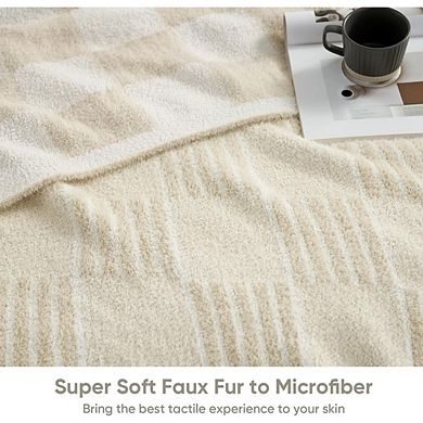 Checkered Faux Fur Throw Blanket Reversible Soft Warm Lightweight Cream