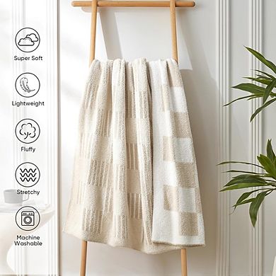 Checkered Faux Fur Throw Blanket Reversible Soft Warm Lightweight Cream