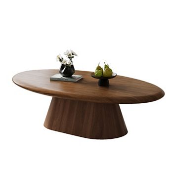 Oval Walnut Coffee Table, Solid Conical Base Modern Living Room Table
