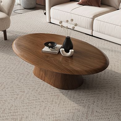 Oval Walnut Coffee Table, Solid Conical Base Modern Living Room Table