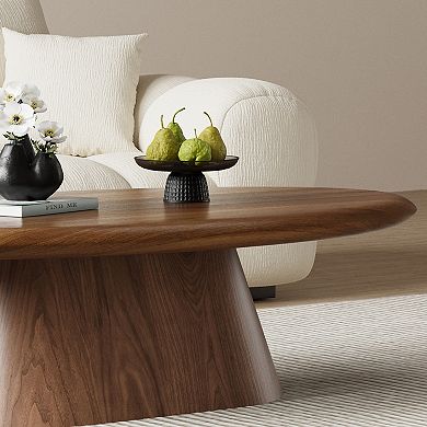Oval Walnut Coffee Table, Solid Conical Base Modern Living Room Table