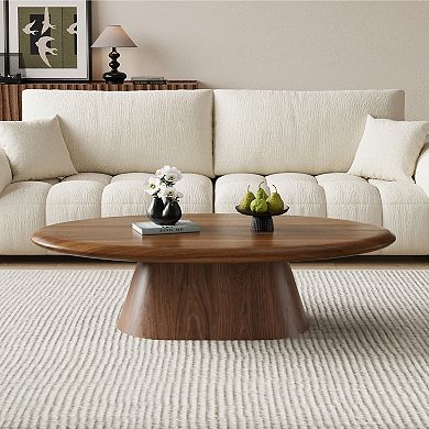 Oval Walnut Coffee Table, Solid Conical Base Modern Living Room Table