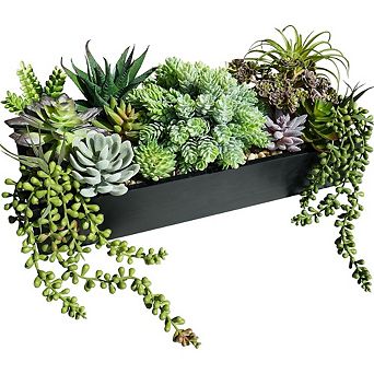 Artificial Succulent Arrangement in Wooden Box, Faux Centerpiece Decor