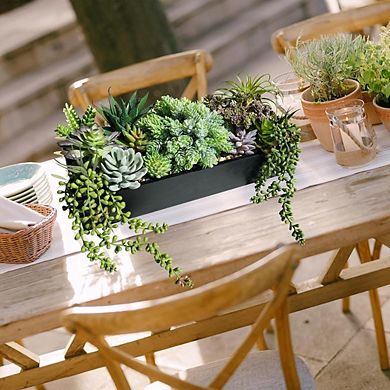 Artificial Succulent Arrangement in Wooden Box, Faux Centerpiece Decor