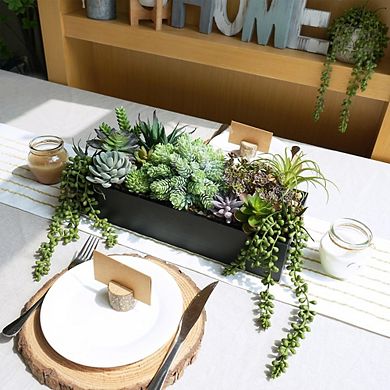 Artificial Succulent Arrangement in Wooden Box, Faux Centerpiece Decor