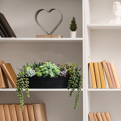 Artificial Succulent Arrangement in Wooden Box, Faux Centerpiece Decor