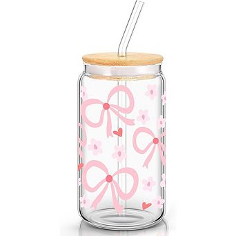 Coquette Bow 16oz Pink Glass Cup with Lid & Straw, Aesthetic Drinking Tumbler for Women & Gifts