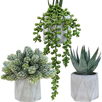 Artificial Succulent Plants in Ceramic Pots, Small Faux Aloe & Pearls Decor