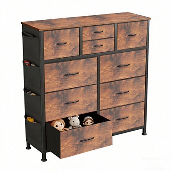 YIORTWO Fabric Dresser with Wood Top, 10-Drawer Storage Cabinet with Side Pocket & Hooks