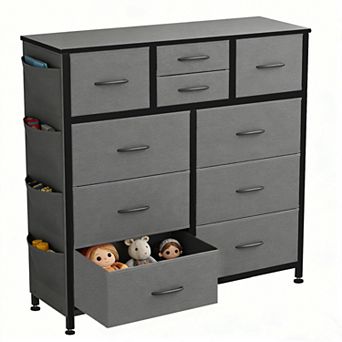 YIORTWO Fabric Dresser with Wood Top, 10-Drawer Storage Cabinet with Side Pocket & Hooks