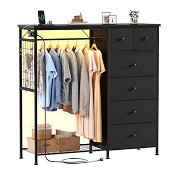 YIORTWO Fabric Dresser Storage Tower with LED Lights & Charging Station, 6 Drawer Organizer