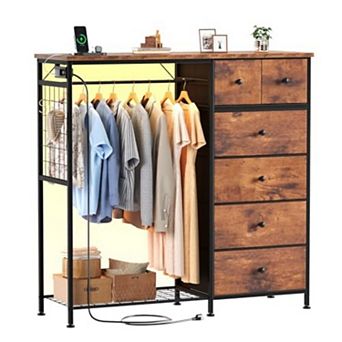 YIORTWO Fabric Dresser Storage Tower with LED Lights & Charging Station, 6 Drawer Organizer