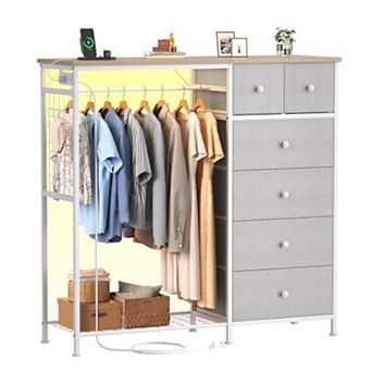 YIORTWO Fabric Dresser Storage Tower with LED Lights & Charging Station, 6 Drawer Organizer