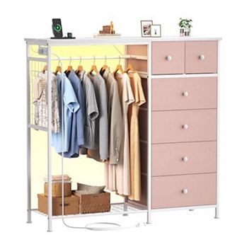 YIORTWO Fabric Dresser Storage Tower with LED Lights & Charging Station, 6 Drawer Organizer