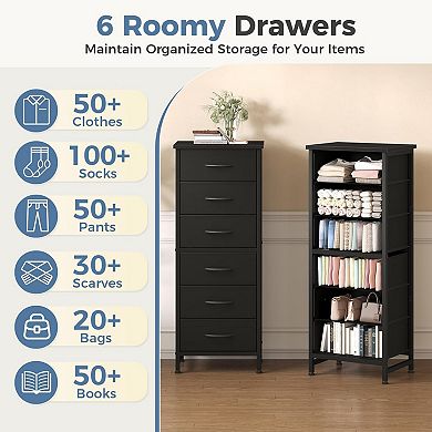 YIORTWO 6-Drawer Fabric Storage Tower with Wooden Top, Vertical Organizer for Small Spaces