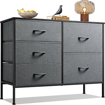 YIORTWO 5-Drawer Fabric Dresser with Wooden Top, Wide Storage Cabinet for Bedroom