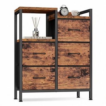YIORTWO Fabric Dresser with Shelves and Wooden Top, 5-Drawer Storage Cabinet for Home