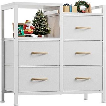 YIORTWO Fabric Dresser with Shelves and Wooden Top, 5-Drawer Storage Cabinet for Home
