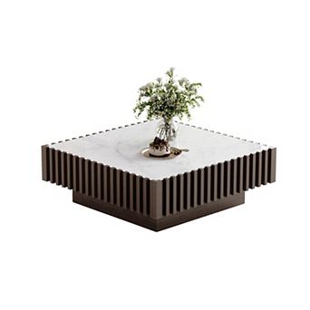Square Microcrystalline Stone Coffee Table, Fluted Wood Frame with Storage Drawer