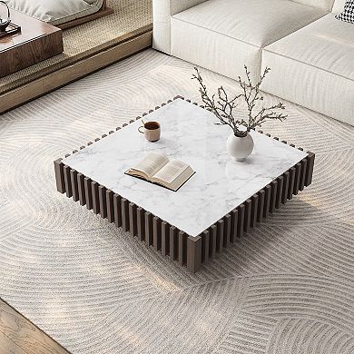 Square Microcrystalline Stone Coffee Table, Fluted Wood Frame with Storage Drawer