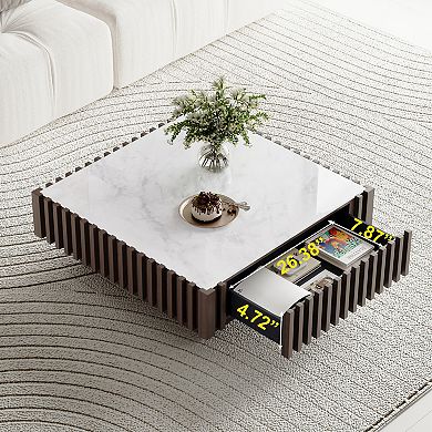 Square Microcrystalline Stone Coffee Table, Fluted Wood Frame with Storage Drawer
