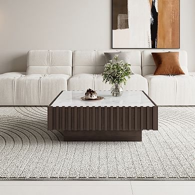 Square Microcrystalline Stone Coffee Table, Fluted Wood Frame with Storage Drawer