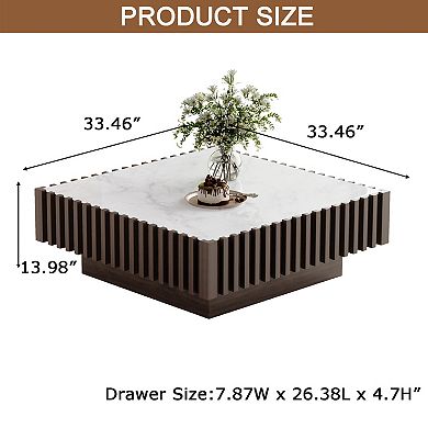 Square Microcrystalline Stone Coffee Table, Fluted Wood Frame with Storage Drawer