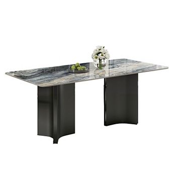 63" Contemporary Dark Vein Sintered Stone Top Dining Table, Dual Metal Frame Rectangular Dinner Tabl