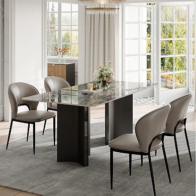63" Contemporary Dark Vein Sintered Stone Top Dining Table, Dual Metal Frame Rectangular Dinner Tabl