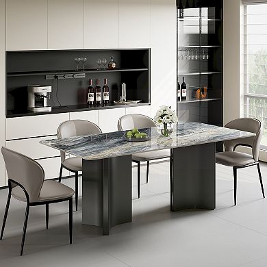 63" Contemporary Dark Vein Sintered Stone Top Dining Table, Dual Metal Frame Rectangular Dinner Tabl