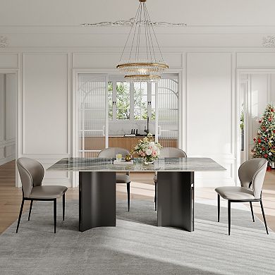 63" Contemporary Dark Vein Sintered Stone Top Dining Table, Dual Metal Frame Rectangular Dinner Tabl