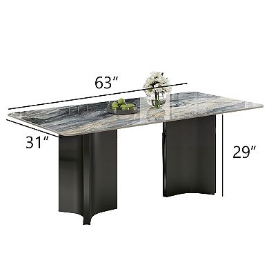 63" Contemporary Dark Vein Sintered Stone Top Dining Table, Dual Metal Frame Rectangular Dinner Tabl