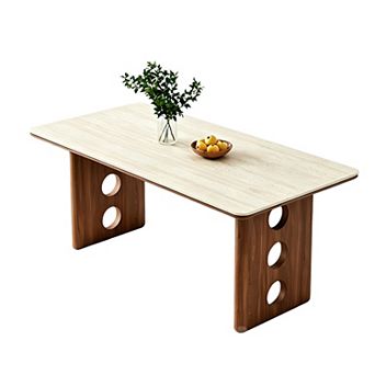 71"Hollow Round Cutout Wood Frame Minimalist Rectangular Dining Table
