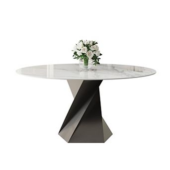 59 Inch Round Sintered Stone Dining Table, Modern Twisted Metal Base Round Dinner Table