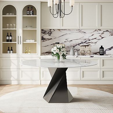 59 Inch Round Sintered Stone Dining Table, Modern Twisted Metal Base Round Dinner Table