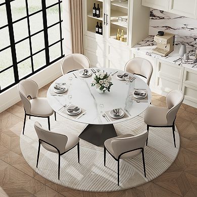 59 Inch Round Sintered Stone Dining Table, Modern Twisted Metal Base Round Dinner Table