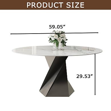 59 Inch Round Sintered Stone Dining Table, Modern Twisted Metal Base Round Dinner Table