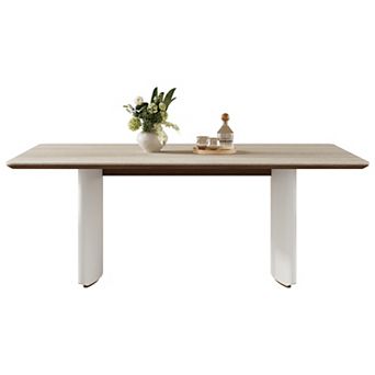 Modern Rectangular Dinner Table with Natural Walnut Tone Trim & Soft Cream White Curved Base