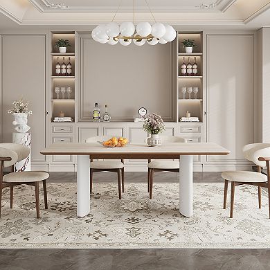 Modern Rectangular Dinner Table with Natural Walnut Tone Trim & Soft Cream White Curved Base