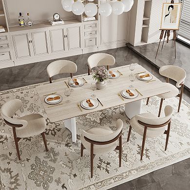 Modern Rectangular Dinner Table with Natural Walnut Tone Trim & Soft Cream White Curved Base
