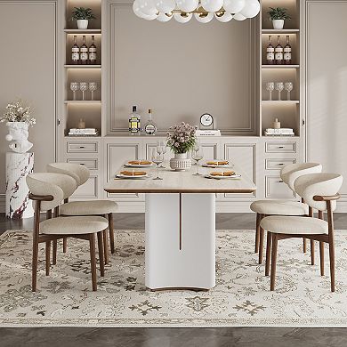 Modern Rectangular Dinner Table with Natural Walnut Tone Trim & Soft Cream White Curved Base