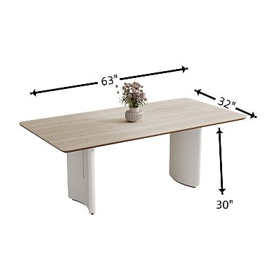 Modern Rectangular Dinner Table with Natural Walnut Tone Trim & Soft Cream White Curved Base