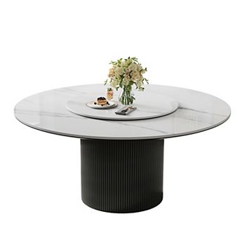 59-inch round sintered stone dining table, with a modern-style black cylindrical base