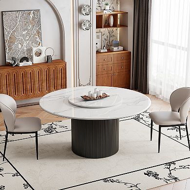 59-inch round sintered stone dining table, with a modern-style black cylindrical base