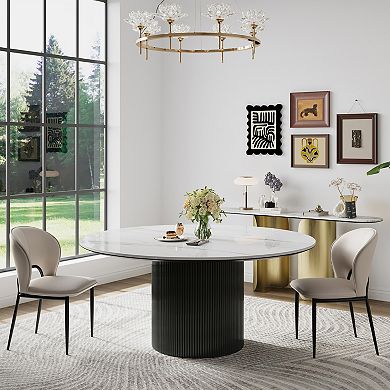 59-inch round sintered stone dining table, with a modern-style black cylindrical base
