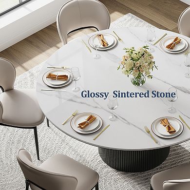 59-inch round sintered stone dining table, with a modern-style black cylindrical base