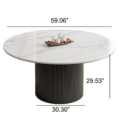 59-inch round sintered stone dining table, with a modern-style black cylindrical base