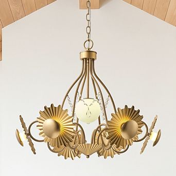 26.6" Modern Glam Gold Leaf Glass Sunburst 7-Light LED Globe Adjustable Chandelier