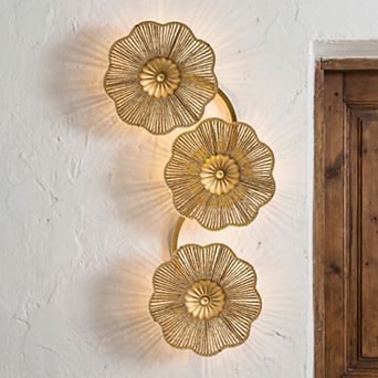 25.4" Antique Gold Woven Rope 3-Light LED Floral Wall Sconce for Hallway and Bedroom