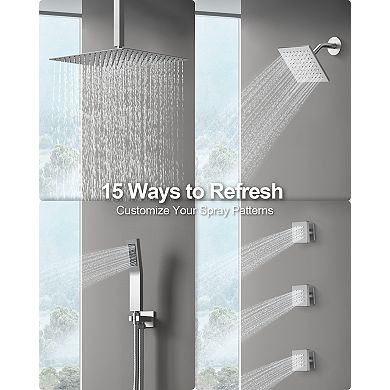 GRANDJOY 16" & 6" Dual Mount 15 Spray Thermostatic Shower System 2.5 GPM Valve Included